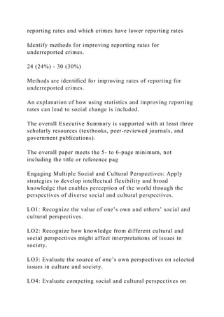 reporting rates and which crimes have lower reporting rates
Identify methods for improving reporting rates for
underreported crimes.
24 (24%) - 30 (30%)
Methods are identified for improving rates of reporting for
underreported crimes.
An explanation of how using statistics and improving reporting
rates can lead to social change is included.
The overall Executive Summary is supported with at least three
scholarly resources (textbooks, peer-reviewed journals, and
government publications).
The overall paper meets the 5- to 6-page minimum, not
including the title or reference pag
Engaging Multiple Social and Cultural Perspectives: Apply
strategies to develop intellectual flexibility and broad
knowledge that enables perception of the world through the
perspectives of diverse social and cultural perspectives.
LO1: Recognize the value of one’s own and others’ social and
cultural perspectives.
LO2: Recognize how knowledge from different cultural and
social perspectives might affect interpretations of issues in
society.
LO3: Evaluate the source of one’s own perspectives on selected
issues in culture and society.
LO4: Evaluate competing social and cultural perspectives on
 