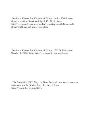 National Center for Victims of Crime. (n.d.). Child sexual
abuse statistics. Retrieved April 17, 2018, from
http://victimsofcrime.org/media/reporting-on-child-sexual-
abuse/child-sexual-abuse-statistics
National Center for Victims of Crime. (2012). Retrieved
March 13, 2018, from http://victimsofcrime.org/home
The Spinoff. (2017, May 1). New Zealand rape survivors—In
their own words [Video file]. Retrieved from
https://youtu.be/yjt-ubpX42o
 