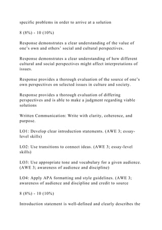 specific problems in order to arrive at a solution
8 (8%) - 10 (10%)
Response demonstrates a clear understanding of the value of
one’s own and others’ social and cultural perspectives.
Response demonstrates a clear understanding of how different
cultural and social perspectives might affect interpretations of
issues.
Response provides a thorough evaluation of the source of one’s
own perspectives on selected issues in culture and society.
Response provides a thorough evaluation of differing
perspectives and is able to make a judgment regarding viable
solutions
Written Communication: Write with clarity, coherence, and
purpose.
LO1: Develop clear introduction statements. (AWE 3; essay-
level skills)
LO2: Use transitions to connect ideas. (AWE 3; essay-level
skills)
LO3: Use appropriate tone and vocabulary for a given audience.
(AWE 3; awareness of audience and discipline)
LO4: Apply APA formatting and style guidelines. (AWE 3;
awareness of audience and discipline and credit to source
8 (8%) - 10 (10%)
Introduction statement is well-defined and clearly describes the
 