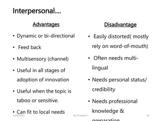 Interpersonal....
Advantages
• Dynamic or bi-directional
• Feed back
• Multisensory (channel)
• Useful in all stages of
ad...