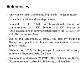 References
• John Hubley 1993. Communicating health. An action guide
to health education and health promotion.
• Barnlund,...