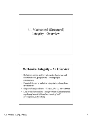 N.Al-Khirdaji, M.Eng., P.Eng. 1
4.1 Mechanical (Structural)
Integrity - Overview
Mechanical Integrity – An Overview
• Definition, scope, and key elements - hardware and
software issues, peopleware - sound people
management
• Potential threats to technical integrity in a hazardous
environment
• Regulatory requirements – SH&E, OSHA, SEVESO II
• Life cycle implications - design/operation/maintenance,
regulatory/industrial interface, training/staff
development, networking
 