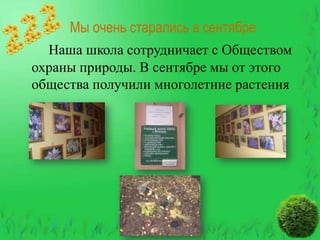 Мы очень старались в сентябре
Наша школа сотрудничает с Обществом
охраны природы. В сентябре мы от этого
общества получили многолетние растения

 