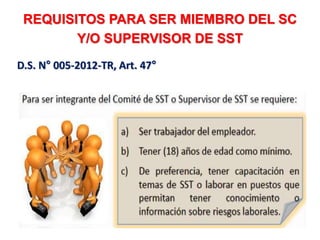 REQUISITOS PARA SER MIEMBRO DEL SC
Y/O SUPERVISOR DE SST
D.S. N° 005-2012-TR, Art. 47°
 