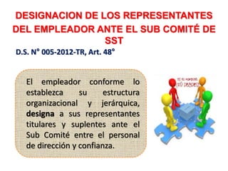 DESIGNACION DE LOS REPRESENTANTES
DEL EMPLEADOR ANTE EL SUB COMITÉ DE
SST
D.S. N° 005-2012-TR, Art. 48°
El empleador conforme lo
establezca su estructura
organizacional y jerárquica,
designa a sus representantes
titulares y suplentes ante el
Sub Comité entre el personal
de dirección y confianza.
 