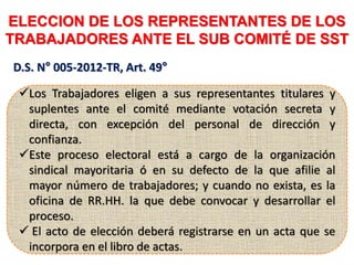 ELECCION DE LOS REPRESENTANTES DE LOS
TRABAJADORES ANTE EL SUB COMITÉ DE SST
D.S. N° 005-2012-TR, Art. 49°
Los Trabajadores eligen a sus representantes titulares y
suplentes ante el comité mediante votación secreta y
directa, con excepción del personal de dirección y
confianza.
Este proceso electoral está a cargo de la organización
sindical mayoritaria ó en su defecto de la que afilie al
mayor número de trabajadores; y cuando no exista, es la
oficina de RR.HH. la que debe convocar y desarrollar el
proceso.
 El acto de elección deberá registrarse en un acta que se
incorpora en el libro de actas.
 