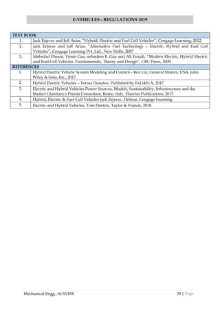 29 | Page
E-VEHICLES - REGULATIONS 2019
Mechanical Engg., SCSVMV
TEXT BOOK
1. Jack Erjavec and Jeff Arias, “Hybrid, Electric and Fuel Cell Vehicles”, Cengage Learning, 2012.
2. Jack Erjavec and Jeff Arias, “Alternative Fuel Technology – Electric, Hybrid and Fuel Cell
Vehicles”, Cengage Learning Pvt. Ltd., New Delhi, 2007
3. Mehrdad Ehsani, Yimin Gao, sebastien E. Gay and Ali Emadi, “Modern Electric, Hybrid Electric
and Fuel Cell Vehicles: Fundamentals, Theory and Design”, CRC Press, 2009.
REFERENCES
1. Hybrid Electric Vehicle System Modeling and Control - Wei Liu, General Motors, USA, John
Wiley & Sons, Inc., 2017.
2. Hybrid Electric Vehicles – Teresa Donateo, Published by ExLi4EvA, 2017.
3. Electric and Hybrid Vehicles Power Sources, Models, Sustainability, Infrastructure and the
Market Gianfranco Pistoia Consultant, Rome, Italy, Elsevier Publications, 2017.
4. Hybrid, Electric & Fuel-Cell Vehicles Jack Erjavec, Delmar, Cengage Learning.
5. Electric and Hybrid Vehicles, Tom Denton, Taylor & Francis, 2018.
 