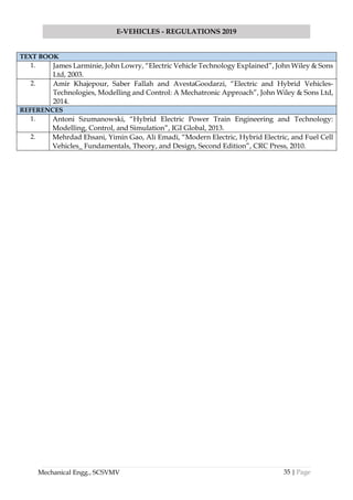 35 | Page
E-VEHICLES - REGULATIONS 2019
Mechanical Engg., SCSVMV
TEXT BOOK
1. James Larminie, John Lowry, “Electric Vehicle Technology Explained”, John Wiley & Sons
Ltd, 2003.
2. Amir Khajepour, Saber Fallah and AvestaGoodarzi, “Electric and Hybrid Vehicles-
Technologies, Modelling and Control: A Mechatronic Approach”, John Wiley & Sons Ltd,
2014.
REFERENCES
1. Antoni Szumanowski, “Hybrid Electric Power Train Engineering and Technology:
Modelling, Control, and Simulation”, IGI Global, 2013.
2. Mehrdad Ehsani, Yimin Gao, Ali Emadi, “Modern Electric, Hybrid Electric, and Fuel Cell
Vehicles_ Fundamentals, Theory, and Design, Second Edition”, CRC Press, 2010.
 