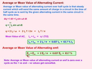 Average or Mean Value of Alternating Current:
Average or Mean value of alternating current over half cycle is that steady
current which will send the same amount of charge in a circuit in the time of
half cycle as is sent by the given alternating current in the same circuit in
the same time.
dq = I dt = I0 sin ωt dt
q = ∫ I0 sin ωt dt
0
T/2
q = 2 I0 / ω = 2 I0 T / 2π = I0 T / π
Mean Value of AC, Im = Iav = q / (T/2)
Im = Iav = 2 I0 / π = 0.637 I0 = 63.7 % I0
Average or Mean Value of Alternating emf:
Em = Eav = 2 E0 / π = 0.637 E0 = 63.7 %
E0
Note: Average or Mean value of alternating current or emf is zero over a
cycle as the + ve and – ve values get cancelled.
 