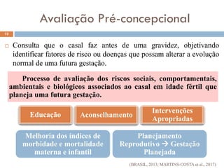 Avaliação Pré-concepcional
 Consulta que o casal faz antes de uma gravidez, objetivando
identificar fatores de risco ou doenças que possam alterar a evolução
normal de uma futura gestação.
12
(BRASIL, 2013; MARTINS-COSTA et al., 2017)
Processo de avaliação dos riscos sociais, comportamentais,
ambientais e biológicos associados ao casal em idade fértil que
planeja uma futura gestação.
Melhoria dos índices de
morbidade e mortalidade
materna e infantil
Planejamento
Reprodutivo  Gestação
Planejada
Educação Aconselhamento
Intervenções
Apropriadas
 
