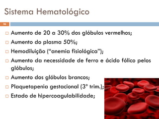 Sistema Hematológico
 Aumento de 20 a 30% dos glóbulos vermelhos;
 Aumento do plasma 50%;
 Hemodiluição (“anemia fisiológica”);
 Aumento da necessidade de ferro e ácido fólico pelos
glóbulos;
 Aumento dos glóbulos brancos;
 Plaquetopenia gestacional (3º trim.);
 Estado de hipercoagulabilidade;
26
 