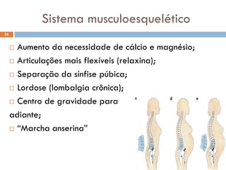 Sistema musculoesquelético
 Aumento da necessidade de cálcio e magnésio;
 Articulações mais flexíveis (relaxina);
 Separação da sínfise púbica;
 Lordose (lombalgia crônica);
 Centro de gravidade para
adiante;
 “Marcha anserina”
34
 