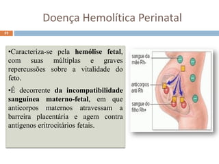 52
•Caracteriza-se pela hemólise fetal,
com suas múltiplas e graves
repercussões sobre a vitalidade do
feto.
•É decorrente da incompatibilidade
sanguínea materno-fetal, em que
anticorpos maternos atravessam a
barreira placentária e agem contra
antígenos eritrocitários fetais.
Doença Hemolítica Perinatal
 