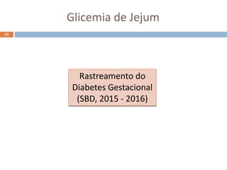 53
Glicemia de Jejum
Rastreamento do
Diabetes Gestacional
(SBD, 2015 - 2016)
 