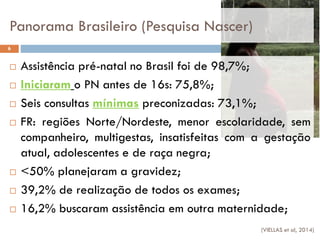 Panorama Brasileiro (Pesquisa Nascer)
 Assistência pré-natal no Brasil foi de 98,7%;
 Iniciaram o PN antes de 16s: 75,8%;
 Seis consultas mínimas preconizadas: 73,1%;
 FR: regiões Norte/Nordeste, menor escolaridade, sem
companheiro, multigestas, insatisfeitas com a gestação
atual, adolescentes e de raça negra;
 <50% planejaram a gravidez;
 39,2% de realização de todos os exames;
 16,2% buscaram assistência em outra maternidade;
6
(VIELLAS et al, 2014)
 
