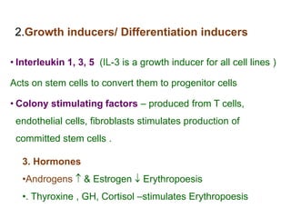 2.Growth inducers/ Differentiation inducers
• Interleukin 1, 3, 5 (IL-3 is a growth inducer for all cell lines )
Acts on stem cells to convert them to progenitor cells
• Colony stimulating factors – produced from T cells,
endothelial cells, fibroblasts stimulates production of
committed stem cells .
3. Hormones
•Androgens  & Estrogen  Erythropoesis
•. Thyroxine , GH, Cortisol –stimulates Erythropoesis
 