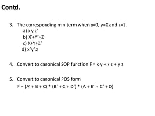 Contd.
3. The corresponding min term when x=0, y=0 and z=1.
a) x.y.z’
b) X’+Y’+Z
c) X+Y+Z’
d) x’.y’.z
4. Convert to canoni...