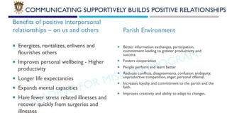 LEADING FOR MISSION PROGRAM
COMMUNICATING SUPPORTIVELY BUILDS POSITIVE RELATIONSHIPS
Benefits of positive interpersonal
re...