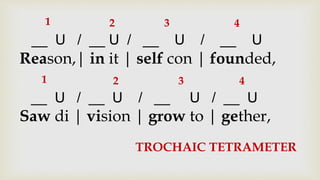 Reason,| in it | self con | founded,
Saw di | vision | grow to | gether,
__ U / __ U / __ U / __ U
__ U / __ U / __ U / __ U
1 2 3 4
1 2 3 4
TROCHAIC TETRAMETER
 