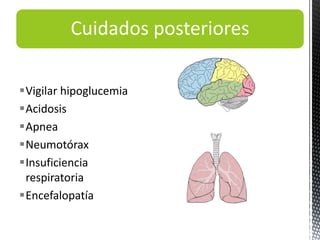Cuidados posteriores
Vigilar hipoglucemia
Acidosis
Apnea
Neumotórax
Insuficiencia
respiratoria
Encefalopatía
 