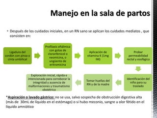  Después de los cuidados iniciales, en un RN sano se aplican los cuidados mediatos , que
consisten en:
Ligadura del
cordón con pinza o
cinta umbilical
Profilaxis oftálmica
con gotas de
cloranfenicol o
neomicina, o
ungüento de
eritromicina
Aplicación de
vitamina K (1mg
IM)
Probar
permeabilidad
rectal y esofágica
Identificación del
niño para su
traslado
Tomar huellas del
RN y de la madre
Exploración inicial, rápida e
intencionada para corroborar la
integridad y ausencia de
malformaciones y traumatismo
obstétrico
*Aspiración o lavado gástrico: no se usa, salvo sospecha de obstrucción digestiva alta
(más de 30mL de líquido en el estómago) o si hubo meconio, sangre u olor fétido en el
líquido amniótico
 
