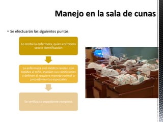 Se efectuarán los siguientes puntos:
Lo recibe la enfermera, quien corrobora
sexo e identificación
La enfermera o el médico revisan con
rapidez al niño, evalúan sus condiciones
y definen si requiere manejo normal o
procedimientos especiales
Se verifica su expediente completo
 