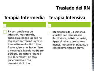 Terapia Intermedia
RN con problemas de
infección, macrosomía,
anomalías congénitas que no
requieren corrección urgente,
traumatismo obstétrico tipo
fractura, isoinmunización leve
a moderada, hijo de madre con
púrpura, prematuro “grande”
(33-36 semanas) sin otro
padecimiento o con
desnutrición in útero
Terapia Intensiva
RN menores de 33 semanas,
aquellos con Insuficiencia
Respiratoria, asfixia perinatal,
Apgar al minuto de cuatro o
menos, meconio en tráquea, o
con isoinmunización grave.
 