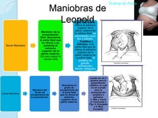 Tercer Maniobra:
Maniobra de la
presentación
fetal. Buscamos
la parte fetal que
se ofrece o se
presenta al
estrecho
superior de la
pelvis materna.
Útil para palpar la
cabeza fetal
.Cefálica, si la
parte fetal que se
ofrece al estrecho
superior de la
pelvis materna es
la cabeza fetal, es
redondeado, duro,
liso y pelotea.
_ Podálica o
pelviana, si la
parte fetal que se
ofrece al estrecho
superior de la
pelvis materna es
la pelvis fetal, el
podálico es
grande,
anfractuoso,
blando, desigual y
no pelotea
Trabajo de Parto
Maniobras de
Leopold
Cuarta Maniobra:
Maniobra del
Grado de
encajamiento de
la presentación.
Buscamos el
grado de
encajamiento de
la parte fetal
que se ofrece al
estrecho
superior de la
pelvis materna,
puede ser de 4
grados para la
presentación
cefálica, lo cual
no se cumple
para la
presentación
podálica o
pelviana:
1: Alta y móvil,
2: Insinuada o
Fija, 3: Encajada
y 4: Muy
encajada.
 