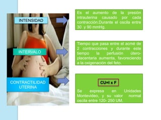 INTERVALO
Tiempo que pasa entre el acmé de
2 contracciones y durante este
tiempo la perfusión útero-
placentaria aumenta, favoreciendo
a la oxigenación del feto.
CONTRACTILIDAD
UTERINA
Se expresa en Unidades
Montevideo, y su valor normal
oscila entre 120- 250 UM.
INTENSIDAD
Es el aumento de la presión
intrauterina causado por cada
contracción.Durante el oscila entre
30 y 90 mmHg.
CU=I x F
 