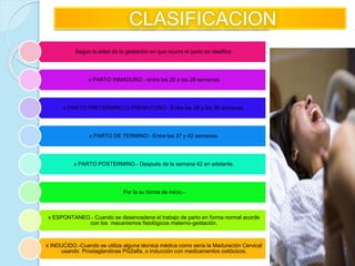 CLASIFICACION
Según la edad de la gestación en que ocurre el parto se clasifica:
x PARTO INMADURO.- entre las 20 a las 28 semanas
x PARTO PRETERMINO O PREMATURO:- Entre las 28 y las 36 semanas.
x PARTO DE TERMINO:- Entre las 37 y 42 semanas.
x PARTO POSTERMINO.- Después de la semana 42 en adelante.
Por la su forma de inicio.-
x ESPONTANEO.- Cuando se desencadena el trabajo de parto en forma normal acorde
con los mecanismos fisiológicos materno-gestación.
x INDUCIDO.-Cuando se utiliza alguna técnica médica como seria la Maduración Cervical
usando Prostaglandinas PG2alfa, o Inducción con medicamentos oxitócicos.
 