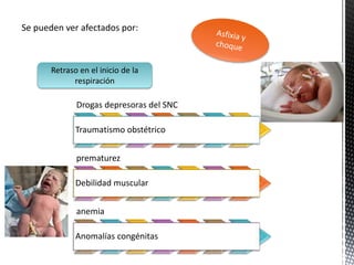 Se pueden ver afectados por:
Drogas depresoras del SNC
Traumatismo obstétrico
prematurez
Debilidad muscular
anemia
Anomalías congénitas
Retraso en el inicio de la
respiración
 