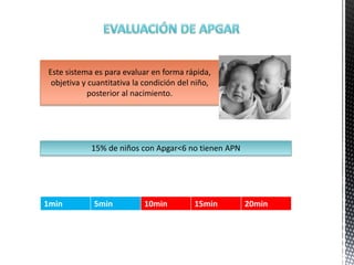 Este sistema es para evaluar en forma rápida,
objetiva y cuantitativa la condición del niño,
posterior al nacimiento.
1min 5min 10min 15min 20min
15% de niños con Apgar<6 no tienen APN
 