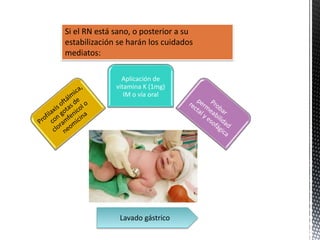 Si el RN está sano, o posterior a su
estabilización se harán los cuidados
mediatos:
Aplicación de
vitamina K (1mg)
IM o vía oral
Lavado gástrico
 