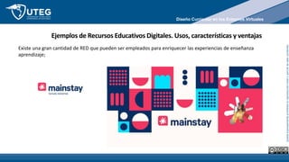 Queda
expresamente
prohibida
la
reproducción
total
o
parcial
de
este
contenido
Existe una gran cantidad de RED que pueden ser empleados para enriquecer las experiencias de enseñanza
aprendizaje;
Ejemplos de Recursos Educativos Digitales. Usos, características y ventajas
Diseño Curricular en los Entornos Virtuales
 