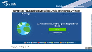 Queda
expresamente
prohibida
la
reproducción
total
o
parcial
de
este
contenido
Ejemplos de Recursos Educativos Digitales. Usos, características y ventajas
https://es.duolingo.com/
Diseño Curricular en los Entornos Virtuales
 