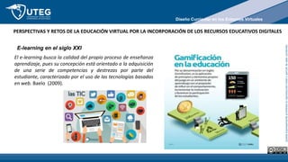 Queda
expresamente
prohibida
la
reproducción
total
o
parcial
de
este
contenido
El e-learning busca la calidad del propio proceso de enseñanza
aprendizaje, pues su concepción está orientado a la adquisición
de una serie de competencias y destrezas por parte del
estudiante, caracterizado por el uso de las tecnologías basadas
en web. Baelo (2009).
E-learning en el siglo XXI
Diseño Curricular en los Entornos Virtuales
PERSPECTIVAS Y RETOS DE LA EDUCACIÓN VIRTUAL POR LA INCORPORACIÓN DE LOS RECURSOS EDUCATIVOS DIGITALES
 