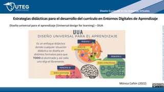 Queda
expresamente
prohibida
la
reproducción
total
o
parcial
de
este
contenido
Estrategias didácticas para el desarrollo del currículo en Entornos Digitales de Aprendizaje
Mónica Cañón (2022)
Diseño universal para el aprendizaje (Universal design for learning) – DUA
Diseño Curricular en los Entornos Virtuales
 