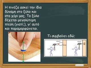 Η πινέζα ασκεί την ίδια
δύναμη στο ξύλο και
στο χέρι μας. Το ξύλο
δέχεται μεγαλύτερη
πίεση (γιατί;), γι’ αυτό
και παραμορφώνεται.
Τι συμβαίνει εδώ;
 