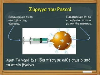 Σύριγγα του Pascal
Άρα: Το νερό έχει ίδια πίεση σε κάθε σημείο από
το οποίο βγαίνει.
Εφαρμόζουμε πίεση
στο έμβολο της
σύριγγας.
Παρατηρούμε ότι το
νερό βγαίνει παντού
με την ίδια ταχύτητα.
 