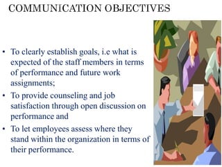 • To provide adequate feedback on
performance;
• To clearly establish goals, i.e what is
expected of the staff members in terms
of performance and future work
assignments;
• To provide counseling and job
satisfaction through open discussion on
performance and
• To let employees assess where they
stand within the organization in terms of
their performance.
 
