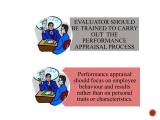 EVALUATOR SHOULD
BE TRAINED TO CARRY
OUT THE
PERFORMANCE
APPRAISAL PROCESS
Performance appraisal
should focus on employee
behaviour and results
rather than on personal
traits or characteristics.
 