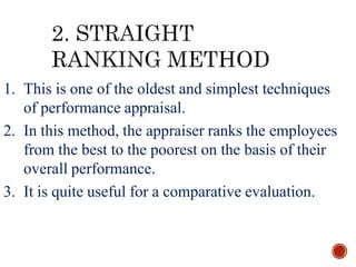 1. This is one of the oldest and simplest techniques
of performance appraisal.
2. In this method, the appraiser ranks the employees
from the best to the poorest on the basis of their
overall performance.
3. It is quite useful for a comparative evaluation.
 