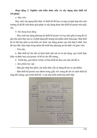 133
Hoạt động 2. Nghiên cứu kiến thức nền và xây dựng bản thiết kế
(15 phút)
a. Mục tiêu
Học sinh vận dụng kiến thức về thiết kế đồ họa và ứng xử phù hợp trên môi
trường số để đề xuất được giải pháp và xây dựng được bản thiết kế poster trên giấy
A4.
b. Nội dung hoạt động
– Học sinh xây dựng phương án thiết kế poster (vẽ tay trên giấy) trong đó có
ghi chú cách thức tạo ra và định dạng đối tượng trên phần mềm Inkscape. Bản thiết
kế có thể bao gồm cả dự kiến các bước xây đựng poster sao cho hợp lí nhất. Sau
đó trao đổi, thảo luận trong nhóm để trình bày phương án tốt nhất với giáo viên.
– Yêu cầu:
 Bản thiết kế chi tiết có kèm hình ảnh mô tả rõ nội dung, quy trình thực
hiện và phác họa của poster và bố trí các đối tượng…
 Trình bày, giải thích và bảo vệ bản thiết kế theo các tiêu chí đề ra.
c. Sản phẩm học tập
– Bản ghi chép bao gồm: các kiến thức cần sử dụng để tạo ra sản phẩm.
– Bản thiết kế poster của nhóm trong giấy A4, trong đó chỉ rõ cách thiết kế
từng đối tượng, quy trình thiết kế, ví dụ như hình minh họa dưới đây
 