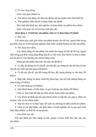 136
d. Tổ chức hoạt động
– Giáo viên giao nhiệm vụ:
 Các nhóm vận dụng các thao tác đã học để tạo poster theo bản thiết kế;
 Thử nghiệm, điều chỉnh và hoàn thiện sản phẩm.
– Học sinh tiến hành tạo, thử nghiệm và hoàn thiện sản phẩm theo nhóm.
– Giáo viên quan sát, hỗ trợ học sinh nếu cần.
Hoạt động 5. Trình bày sản phẩm, chia sẻ và thảo luận (15 phút)
a. Mục tiêu
Các nhóm học sinh giới thiệu sản phẩm poster cho bố mẹ, người thân trong
gia đình, chia sẻ về kết quả thử nghiệm, thảo luận và định hướng cải tiến sản phẩm.
b. Nội dung hoạt động
– Các nhóm đăng tải sản phẩm của mình lên mạng xã hội để bố mẹ, người
thân trong gia đình cùng cộng đồng bạn bè có thể xem, lượt thích và chia sẻ được
lưu lại để GV trao thưởng cho nhóm thắng cuộc.
– Đánh giá sản phẩm dựa trên các tiêu chí đã đề ra
 Có đầy đủ thông tin về chủ đề: tên chủ đề, các thông tin chi tiết làm rõ cho
chủ đề các hình ảnh liên quan (20 điểm)
 Có đủ các yếu tố: các đối tượng đồ họa, đối tượng đường và văn bản (30
điểm)
 Đẹp mắt, thông tin được trình bày khoa học, làm nổi bật những thông tin
quan trọng (10 điểm)
 Có tính sáng tạo (10 điểm)
 Giải thích được về kiến thức và quy trình tạo sản phẩm (30 điểm)
– Chia sẻ, thảo luận để tiếp tục điều chỉnh, hoàn thiện sản phẩm.
 Các nhóm tự đánh giá kết quả nhóm mình và tiếp thu các góp ý, nhận xét
từ giáo viên và các nhóm khác;
 Sau khi chia sẻ và thảo luận, đề xuất các phương án điều chỉnh sản phẩm;
 Chia sẻ các khó khăn, các kiến thức và kinh nghiệm rút ra qua quá trình
thực hiện nhiệm vụ thiết kế và tạo poster.
c. Sản phẩm học tập
Kết quả đánh giá trên mạng xã hội, poster và bản trình bày báo cáo của
các nhóm.
 