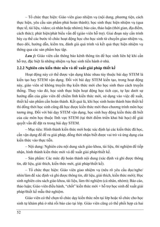 52
– Tổ chức thực hiện: Giáo viên giao nhiệm vụ (nội dung, phương tiện, cách
thực hiện, yêu cầu sản phẩm phải hoàn thành); học sinh thực hiện nhiệm vụ (qua
thực tế, tài liệu, video; cá nhân hoặc nhóm); báo cáo, thảo luận (thời gian, địa điểm,
cách thức); phát hiện/phát biểu vấn đề (giáo viên hỗ trợ). Giai đoạn này cần trình
bày cụ thể các bước tổ chức hoạt động học cho học sinh từ chuyển giao nhiệm vụ,
theo dõi, hướng dẫn, kiểm tra, đánh giá quá trình và kết quả thực hiện nhiệm vụ
thông qua các sản phẩm học tập.
Lưu ý: Giáo viên cần thông báo kênh thông tin để học sinh liên hệ khi cần
hỗ trợ, đặc biệt là những nhiệm vụ học sinh tiến hành ở nhà.
2.2.2 Nghiên cứu kiến thức nền và đề xuất giải pháp thiết kế
Hoạt động này có thể được vận dụng khác nhau tùy thuộc bài dạy STEM là
kiến tạo hay STEM vận dụng. Đối với bài dạy STEM kiến tạo, trong hoạt động
này, giáo viên sẽ không truyền thụ kiến thức mới cho học sinh theo cách truyền
thống. Thay vào đó, học sinh thực hiện hoạt động học tích cực, tự lực dưới sự
hướng dẫn của giáo viên để chiếm lĩnh kiến thức mới, sử dụng vào việc đề xuất,
thiết kế sản phẩm cần hoàn thành. Kết quả là, khi học sinh hoàn thành bản thiết kế
thì đồng thời học sinh cũng đã học được kiến thức mới theo chương trình môn học
tương ứng. Đối với bài dạy STEM vận dụng, học sinh huy động kiến thức đã biết
của các môn học thuộc lĩnh vực STEM (tại thời điểm triển khai bài học) để giải
quyết vấn đề đặt ra trong bài dạy STEM.
– Mục tiêu: Hình thành kiến thức mới hoặc xác định lại các kiến thức đã học,
cần vận dụng để đề ra giải pháp, đồng thời nhận biết được vai trò và ứng dụng của
kiến thức vào thực tiễn.
– Nội dung: Nghiên cứu nội dung sách giáo khoa, tài liệu, thí nghiệm để tiếp
nhận, hình thành kiến thức mới và đề xuất giải pháp/thiết kế.
– Sản phẩm: Các mức độ hoàn thành nội dung (xác định và ghi được thông
tin, dữ liệu, giải thích, kiến thức mới, giải pháp/thiết kế).
– Tổ chức thực hiện: Giáo viên giao nhiệm vụ (nêu rõ yêu cầu đọc/nghe/
nhìn/làm để xác định và ghi được thông tin, dữ liệu, giải thích, kiến thức mới); Học
sinh nghiên cứu sách giáo khoa, tài liệu, làm thí nghiệm (cá nhân, nhóm); Báo cáo,
thảo luận; Giáo viên điều hành, “chốt” kiến thức mới + hỗ trợ học sinh đề xuất giải
pháp/thiết kế mẫu thử nghiệm.
Giáo viên có thể chọn tổ chức dạy kiến thức nền tại lớp hoặc tổ chức cho học
sinh tự khám phá ở nhà rồi báo cáo tại lớp. Giáo viên cũng có thể phối hợp cả hai
 