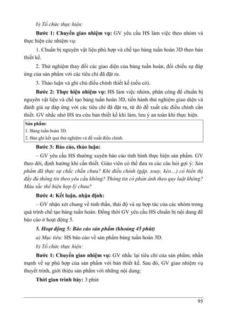 95
b) Tổ chức thực hiện:
Bước 1: Chuyển giao nhiệm vụ: GV yêu cầu HS làm việc theo nhóm và
thực hiện các nhiệm vụ:
1. Chuẩn bị nguyên vật liệu phù hợp và chế tạo bảng tuần hoàn 3D theo bản
thiết kế.
2. Thử nghiệm thay đổi các giao diện của bảng tuần hoàn, đối chiếu sự đáp
ứng của sản phẩm với các tiêu chí đã đặt ra.
3. Thảo luận và ghi chú điều chỉnh thiết kế (nếu có).
Bước 2: Thực hiện nhiệm vụ: HS làm việc nhóm, phân công để chuẩn bị
nguyên vật liệu và chế ta ̣o bảng tuần hoàn 3D, tiến hành thử nghiệm giao diện và
đánh giá sự đáp ứng với các tiêu chí đã đặt ra, từ đó đề xuất các điều chỉnh cần
thiết. GV nhắc nhở HS tra cứu bản thiết kế khi làm, lưu ý an toàn khi thực hiện.
Sản phẩm:
1. Bảng tuần hoàn 3D.
2. Bản ghi kết quả thử nghiệm và đề xuất điều chỉnh.
Bước 3: Báo cáo, thảo luận:
– GV yêu cầu HS thường xuyên báo cáo tình hình thực hiện sản phẩm. GV
theo dõi, định hướng khi cần thiết. Giáo viên có thể đưa ra các câu hỏi gợi ý: Sản
phẩm đã thực sự chắc chắn chưa? Khi điều chỉnh (gập, xoay, kéo…) có hiển thi ̣
đầy đủ thông tin theo yêu cầu không? Thông tin có phản á nh theo quy luật không?
Mà u sắc thể hiện hợp lý chưa?
Bước 4: Kết luận, nhận định:
– GV nhận xét chung về tinh thần, thái độ và sự hợp tác của các nhóm trong
quá trình chế tạo bảng tuần hoàn. Đồng thời GV yêu cầu HS chuẩn bị nội dung để
báo cáo ở hoạt động 5.
5. Hoạt động 5: Báo cáo sản phẩm (khoảng 45 phút)
a) Mục tiêu: HS báo cáo về sản phẩm bảng tuần hoàn 3D.
b) Tổ chức thực hiện:
Bước 1: Chuyển giao nhiệm vụ: GV nhắc lại tiêu chí của sản phẩm; nhấn
mạnh về sự phù hợp của sản phẩm với bản thiết kế. Sau đó, GV giao nhiệm vụ
thuyết trình, giới thiệu sản phẩm với những nội dung:
Thời gian trình bày: 3 phút
 