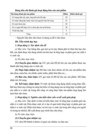 98
Bảng tiêu chí đánh giá hoạt động báo cáo sản phẩm
Nội dung đánh giá sản phẩm Điểm Điểm đánh giá
– Có trạng thái sệt, mịn, óng ánh trên bề mặt 30
– Có màu trắng đục hoặc màu của nguyên liệu bổ sung 25
– Có mùi thơm dịu 20
– Có vị ngọt kết hợp với vị chua dịu của acid lactic 20
– Trình bày đẹp 5
Tổng 10
– Nguyên liệu làm sữa chua và dụng cụ để ủ sữa chua.
III. Tiến trình dạy học
1. Hoạt động 1: Xác định vấn đề
a) Mục tiêu: Tạo hứng thú, gợi mở sự tò mò, khám phá tri thức bài học cho
HS, xác định được nội dung chính của bài học là tổng hợp và phân giải các chất ở
vi sinh vật.
b) Tổ chức thực hiện
(1) Chuyển giao nhiệm vụ: GV yêu cầu HS kể tên các sản phẩm được tạo
thành nhờ ứng dụng của vi sinh vật.
(2) Thực hiện nhiệm vụ: HS làm việc theo nhóm, kể tên các sản phẩm như
sữa chua, rượu bia, mì chính, nước mắm, phân bón hữu cơ,…
(3) Báo cáo, thảo luận: GV gọi một số HS kể tên các sản phẩm. HS khác
nhận xét, bổ sung.
(4) Kết luận, nhận định: Vi sinh vật được ứng dụng nhiều trong thực tiễn.
Bài học hôm nay chúng ta cùng tìm hiểu về ứng dụng của sự tổng hợp và phân giải
các chất ở vi sinh vật trong đời sống và cùng thực hiện sản phẩm ứng dụng lên
men làm sữa chua.
2. Hoạt động 2: Nghiên cứu kiến thức nền và đề xuất giải pháp
a) Mục tiêu: Xác định và làm rõ kiến thức mới về tổng hợp và phân giải các
chất ở vi sinh vật (Nê u được mọ
̂ t số ví dụ về quá trình tổng hợp và pha
̂ n giải các
chất ở vi sinh vạ
̂ t, Pha
̂ n tích được vai trò của vi sinh vạ
̂ t trong đời sống con người
và trong tự nhiê n); Đề xuất được quy trình làm sữa chua.
b) Tổ chức thực hiện
(1) Chuyển giao nhiệm vụ:
GV chia HS thành 6 nhóm và giao các nhiệm vụ như sau:
 