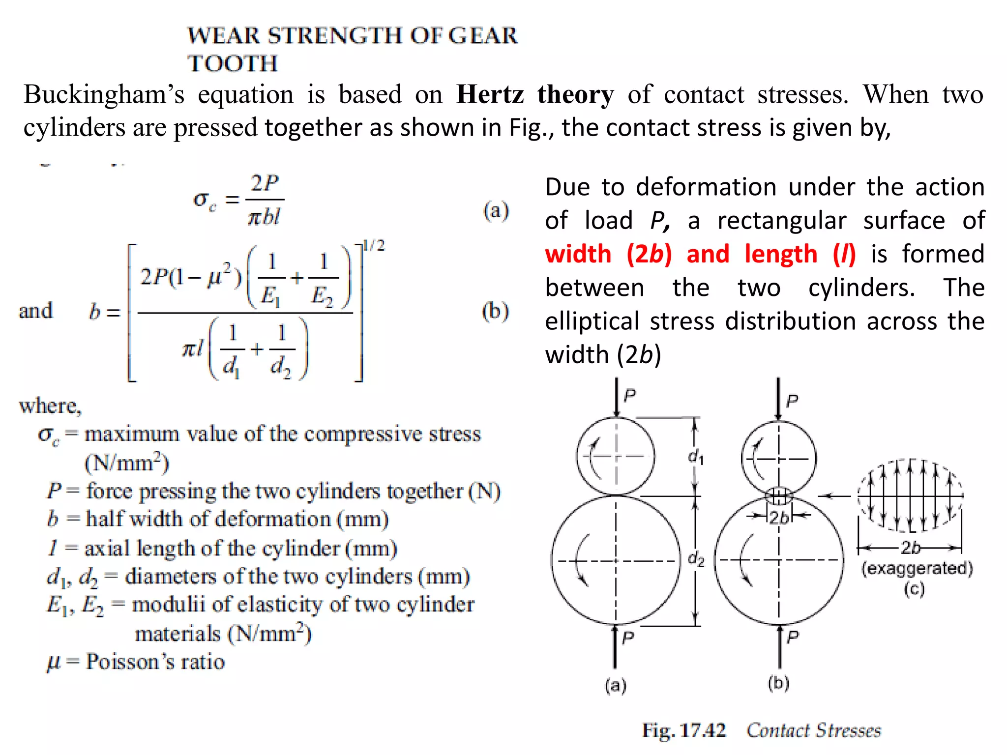 Buckingham’s equation is based on Hertz theory of contact stresses. When two
cylinders are pressed together as shown in Fig., the contact stress is given by,
Due to deformation under the action
of load P, a rectangular surface of
width (2b) and length (l) is formed
between the two cylinders. The
elliptical stress distribution across the
width (2b)
 