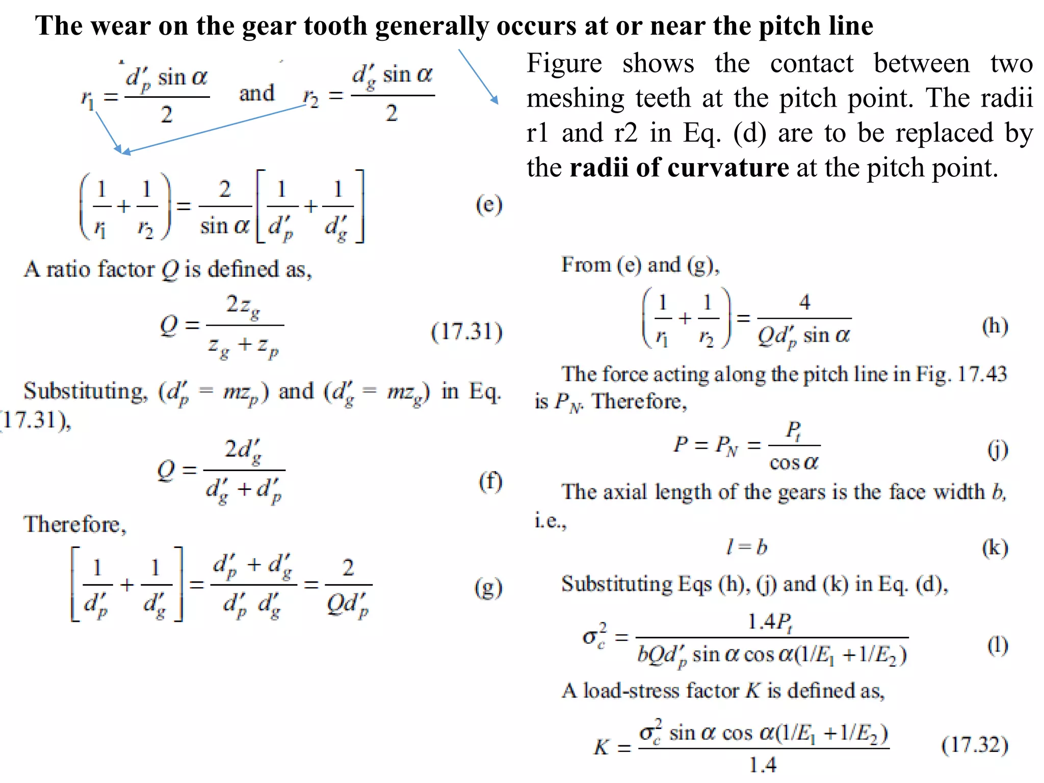 Figure shows the contact between two
meshing teeth at the pitch point. The radii
r1 and r2 in Eq. (d) are to be replaced by
the radii of curvature at the pitch point.
The wear on the gear tooth generally occurs at or near the pitch line
 