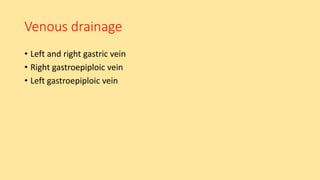 Venous drainage
• Left and right gastric vein
• Right gastroepiploic vein
• Left gastroepiploic vein
 